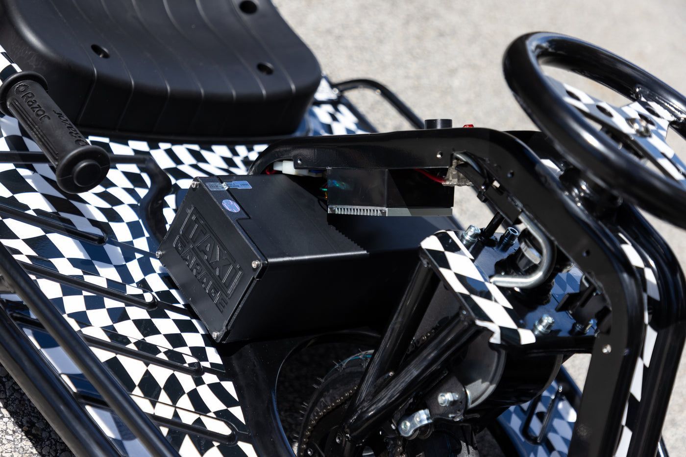 Checker-wrapped cart close-up
